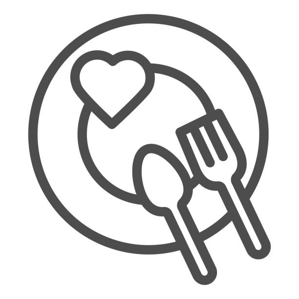 illustrazioni stock, clip art, cartoni animati e icone di tendenza di icona romantica della linea di piatti per la cena. cuore sul piatto con simbolo forchetta e cucchiaio, pittogramma in stile contorno su sfondo bianco. segno di san valentino per il concetto mobile o il web design. grafica vettoriale. - meal