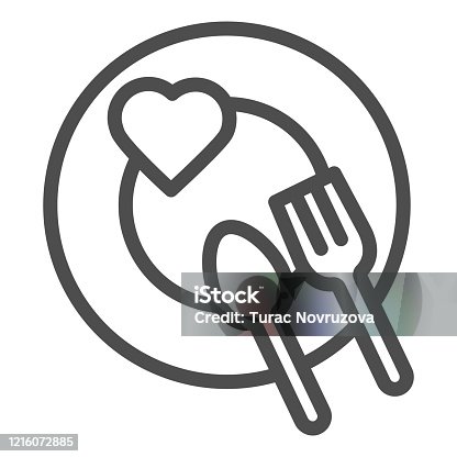 istock Romantic dinner dish line icon. Heart on plate with fork and spoon symbol, outline style pictogram on white background. Valentines day sign for mobile concept or web design. Vector graphics. 1216072885