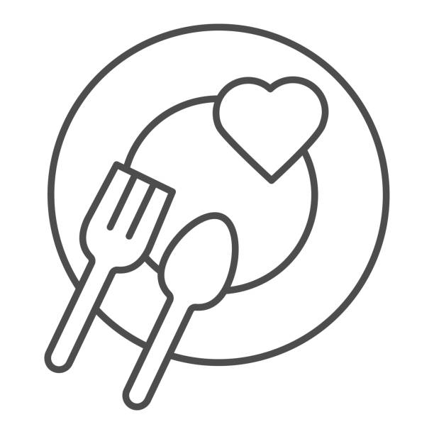 로맨틱 한 저녁 식사 접시 얇은 라인 아이콘입니다. 포크와 숟가락 기호 접시에 마음, 흰색 배경에 윤곽 스타일 그림. 모바일 개념 또는 웹 디자인에 대한 발렌타인 데이 기호. 벡터 그래픽. - ready to eat stock illustrations