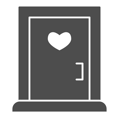 Love doorway solid icon. Close door with heart shaped window symbol, glyph style pictogram on white background. Valentine day sign for mobile concept and web design. Vector graphics