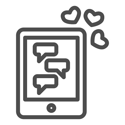 istock Tablet with love correspondence line icon. Romantic chat with hearts symbol, outline style pictogram on white background. Valentines day sign for mobile concept, web design. Vector graphics. 1216072973