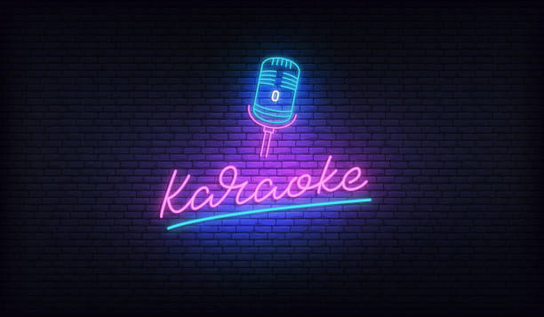 istock Karaoke neon sign. Neon label with microphone and Karaoke lettering 1216082040