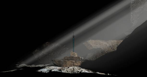 Excalibur sword in stone 3D illustration of an excalibur sword in stone in the dark cave with sun beam excalibur stock pictures, royalty-free photos & images