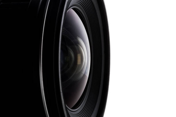istock Close up of camera lens with a white background. 1216085792
