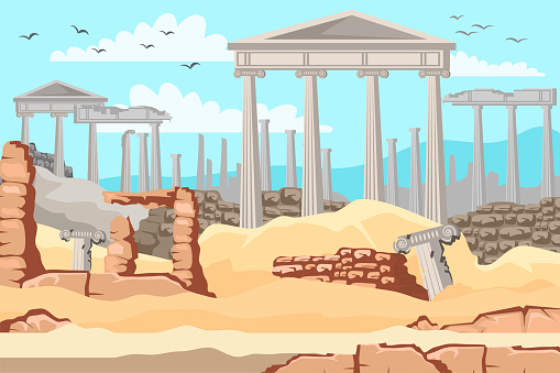 Vector flat illustration of open air museum of ancient Greece. Antique marble columns, old ruin of Greek city or Roman empire historical architecture. Background for web pages, mobile app and games