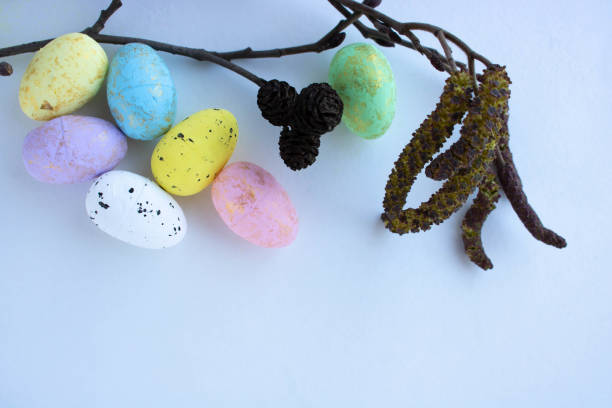 istock cut willow twigs on white background with muiticolored eggs for Easter. concept 1216085974