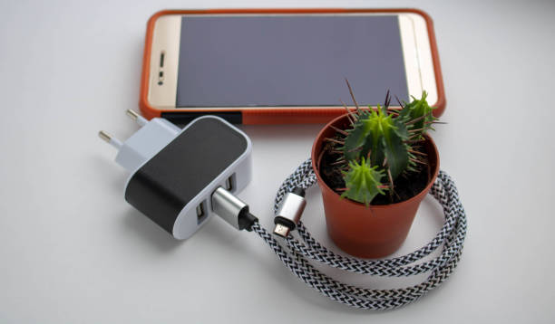 Electric socket with connected phone charger.technology mobile Electric socket with connected phone charger.technology phone charger cable stock pictures, royalty-free photos & images