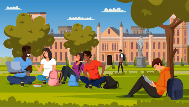 Male and female students rest, study in campus park Male and female students rest, study in campus park. Multiracial teenagers in casual clothes watching funny video on laptop, reading book. Break time in university, college. Vector cartoon illustration groups of teens stock illustrations