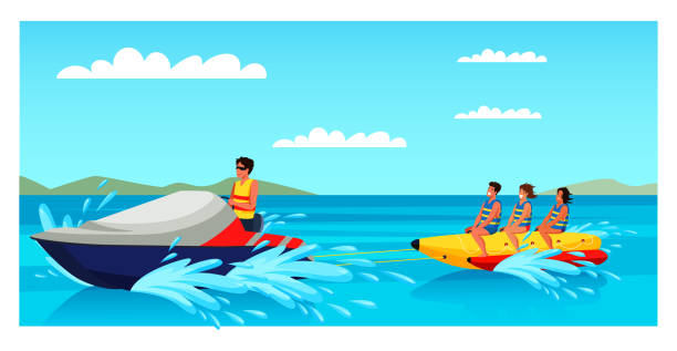 ilustrações, clipart, desenhos animados e ícones de turistas felizes montando barco de banana em dia ensolarado - fun tourist resort beach group of people