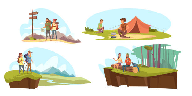 Camping flat vector illustrations set Camping flat vector illustrations set. Tourist couples in nature cartoon characters. Family holiday activities. Romantic hike, forest picnic, overnight in tent. Summertime leisure, ecotourism concept eco tourism stock illustrations