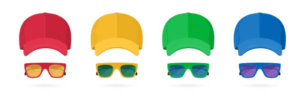 kolorowa czapka z daszkiem i okulary przeciwsłoneczne izolowane na białym tle. makieta dla brandingu i reklamy twojej firmy. przedmioty na letnie imprezy. widok z przodu. ilustracja wektorowa - baseball cap cap green red stock illustrations