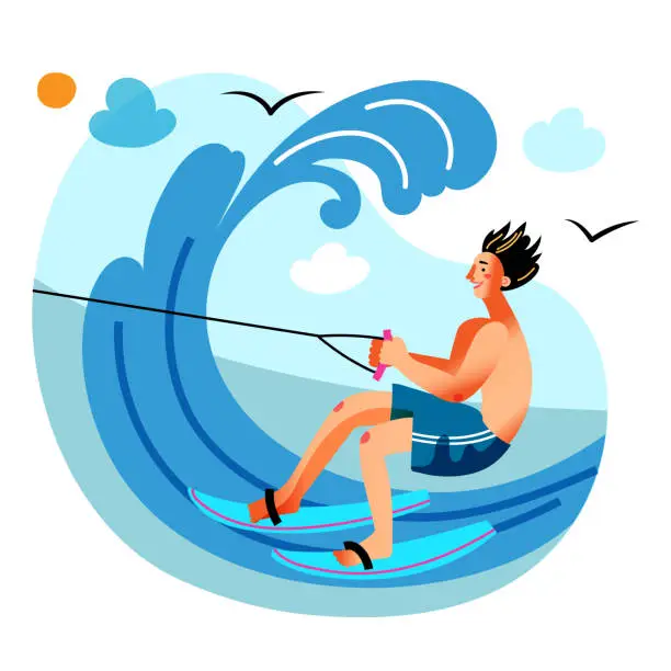 Vector illustration of Young man engaged in water skiing in sea or ocean