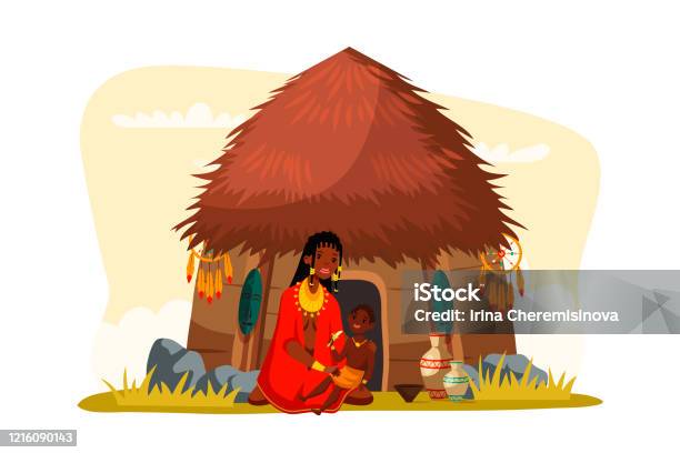 African Tribal Woman Sitting With Child Near Hut Stock Illustration -  Download Image Now - House, Indigenous Peoples of the Americas, Africa -  iStock