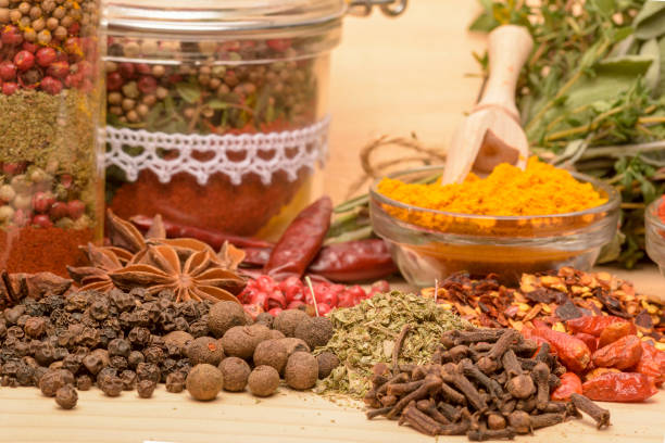 istock Various spices on wooden background. 1216090854