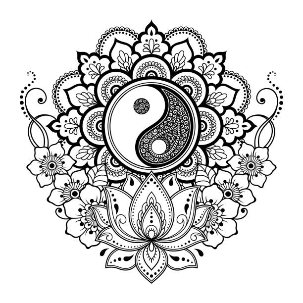 ilustrações de stock, clip art, desenhos animados e ícones de circular mandala pattern for henna, mehndi, tattoo, decoration. decorative ornament in oriental style with yin-yang hand drawn symbol, flowers and ethnic floral ornaments. coloring book page. - tao symbol