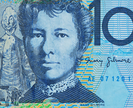 Close up on Australian dollar banknotes. Portrait of MARY GILMORE