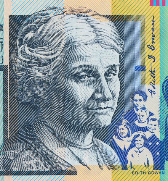 nahaufnahme der australischen dollar-banknoten. porträt von edith cowan - fifty dollar bill number 50 currency close up stock-fotos und bilder