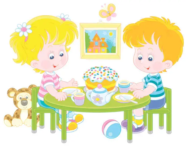 Vector illustration of Small children with a fancy Easter cake