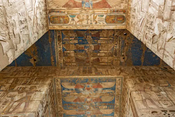 Ceiling decoration using colored minerals in the peristyle hall of the Mortuary Temple of Ramesses III