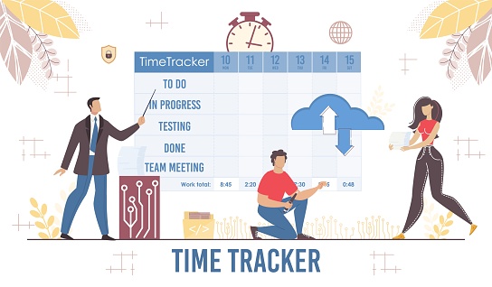 Effective Time Tracker Planner for Business Presentation. Management and Workflow Process Organization. Daily Schedule Digital Plan To-Do List Calendar. Staff Discipline. Vector Illustration