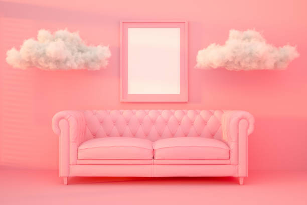 istock 3D Indoor, living room, sofa and empty frame with sunlight and cloud 1216103566