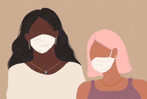 Two women wearing a medical face masks self-control, covid-19, corona virus, stay home, feeling sick, flu virus, women, medical face mask, face mask, confidence, friends, stress, serious black hair illustrations stock illustrations
