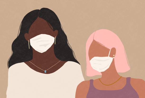 Two women wearing a medical face masks self-control, covid-19, corona virus, stay home, feeling sick, flu virus, women, medical face mask, face mask, confidence, friends, stress, serious togetherness covid stock illustrations