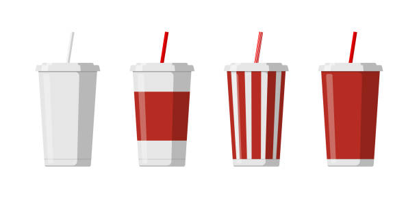 istock Disposable paper beverage cup template set for soda with drinking straw. Blank white big red striped cardboard soft drinks packaging mockup collection vector flat illustation 1216104867