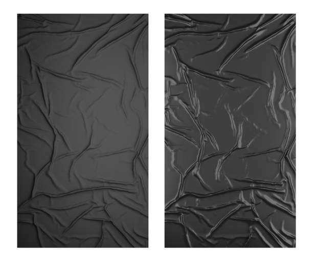 Black wrinkled poster template set. Isolated glued paper mockup.