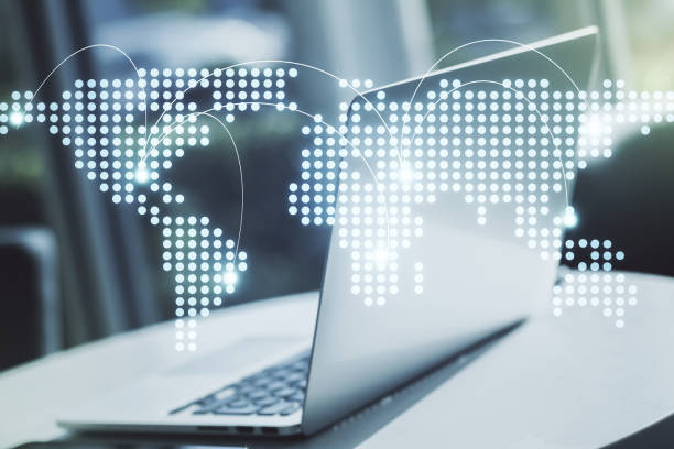 istock Abstract creative world map with connections on modern laptop background, international trading concept. Multiexposure 1216106615
