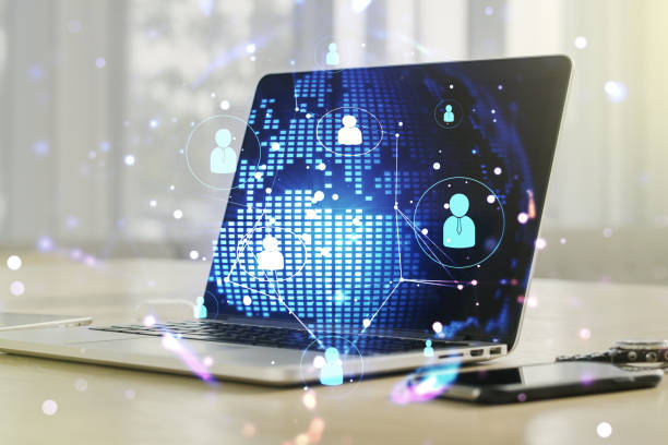 istock Social network media concept with world map and modern computer on background. Double exposure 1216106762