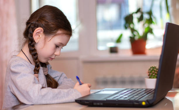istock Distance learning online education.School girl does homework on laptop at home.Quarantine 1216106811