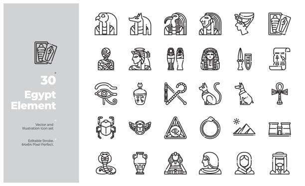 illustrations, cliparts, dessins animés et icônes de vector line icons set of egypt element. accident vasculaire cérébral modifiable. - egyptian culture hieroglyphics human eye symbol