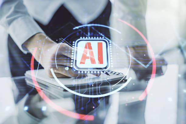 istock Double exposure of creative artificial Intelligence abbreviation with man hand writing in notepad on background. Future technology and AI concept 1216107778