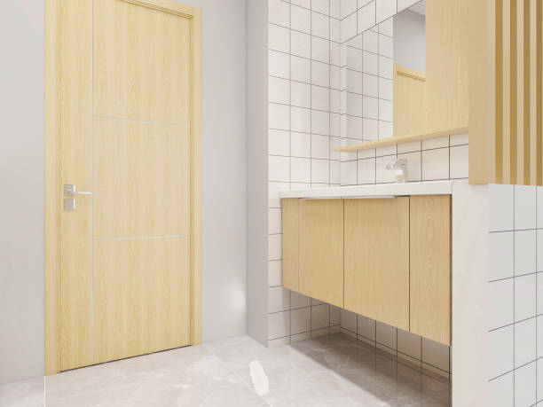 istock 3D rendering,Clean modern residential bathroom and toilet design, which is equipped with washstand, toilet and shower equipment, etc. 1216107907