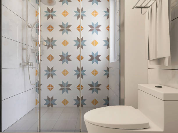 istock 3D rendering,Clean modern residential bathroom and toilet design, which is equipped with washstand, toilet and shower equipment, etc. 1216107932