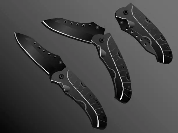 Vector illustration of Realistic black folding pocket knife in three different positions