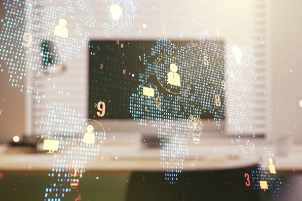istock Double exposure of social network icons concept with world map and computer on background. Networking concept 1216108222