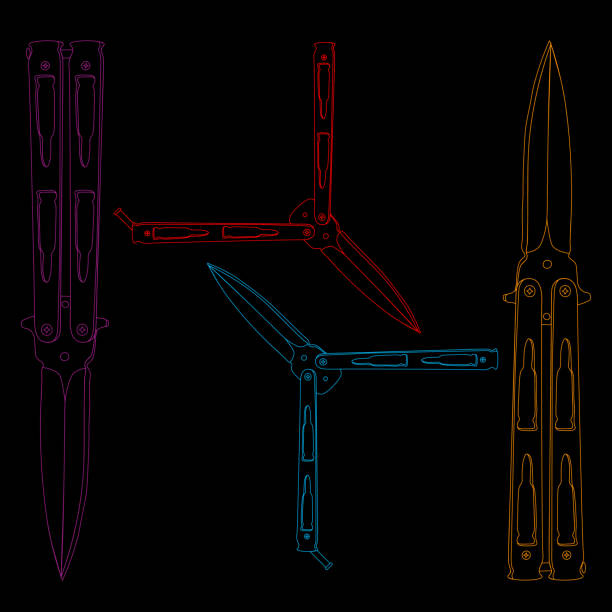 четыре красочных контура balisongs на черном фоне - knife weapon switchblade dagger stock illustrations