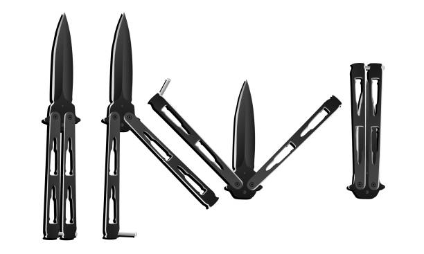 realistyczny czarny balisong lub nóż motylkowy w czterech różnych pozycjach - weapon dagger hunting hunter stock illustrations