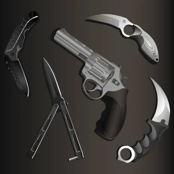 Vector illustration of Set of realistic revolver, folding pocket knife, balisong and two karambits