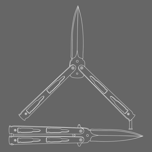 illustrazioni stock, clip art, cartoni animati e icone di tendenza di due balisongs contorno bianco su sfondo grigio - knife weapon switchblade dagger