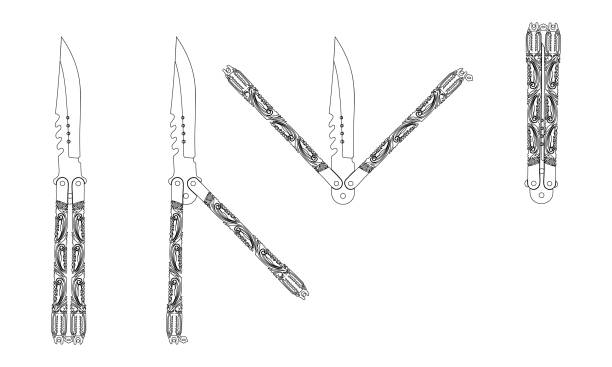контурный эскиз красивого балисонга в четырех разных положениях - knife weapon switchblade dagger stock illustrations