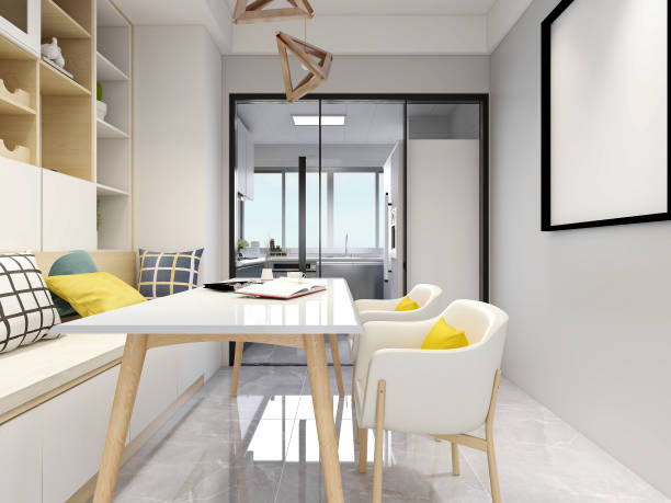 istock 3D rendering, warm dining room area design, wooden table and chair 1216108290
