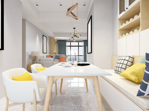 istock 3D rendering, warm dining room area design, wooden table and chair 1216108296