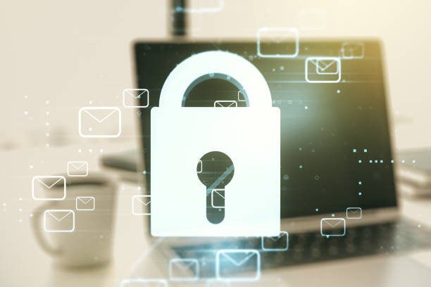 istock Creative lock sketch with email symbols hologram on modern laptop background, protection of personal data concept. Multiexposure 1216108412