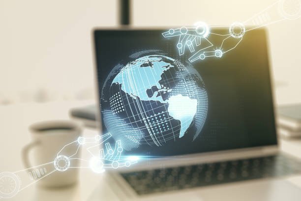 istock Creative abstract robotics technology sketch with globe on modern laptop background, future technology and AI concept. Double exposure 1216108435