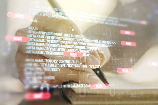 istock Double exposure of abstract creative programming illustration and man hand writing in notepad on background, big data and blockchain concept 1216108535