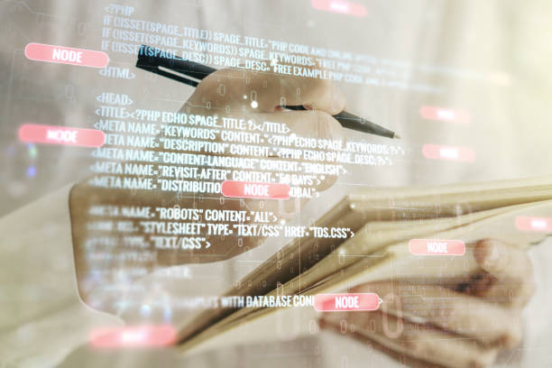 istock Multi exposure of abstract programming language hologram with man hand writing in notepad on background, artificial intelligence and machine learning concept 1216108559