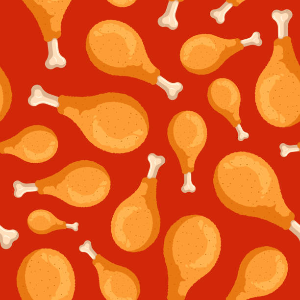 Fried crispy chicken legs seamless pattern on red background. Cartoon fast food drumsticks cooking texture flat vector illustration Fried crispy chicken legs seamless pattern on red background. Cartoon fast food drumsticks cooking texture flat vector eps illustration roast chicken meal stock illustrations